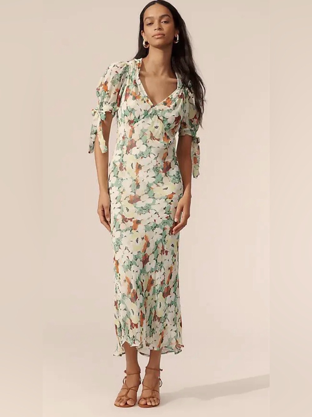 Anthropologie Floral Watercolor Slip Midi Dress NWT Tie Sleeve V-Neck M